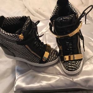 Giuseppe Zanotti Black and white Croc Embossed Wedge Sneaker heels